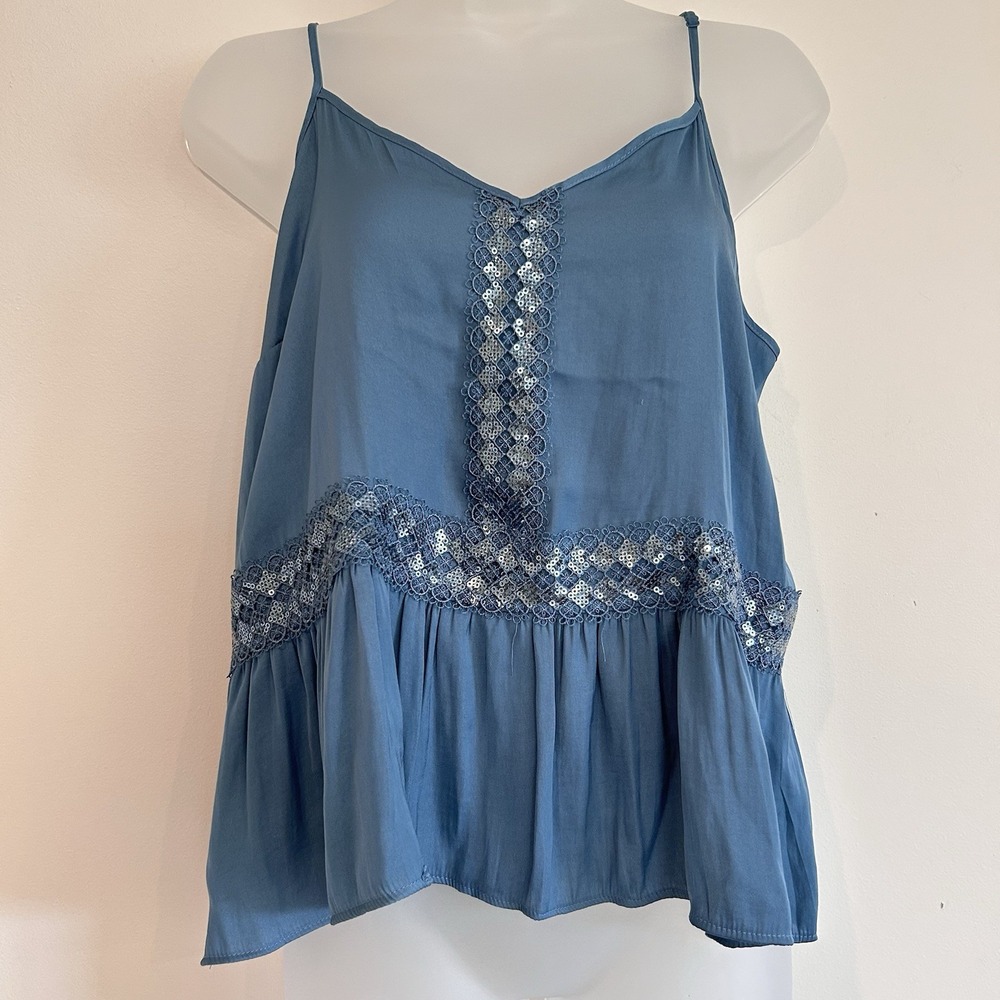 Lauren Conrad Sequins Cami Sz M Coquette Flowy Strappy Ethereal Satin Peplum